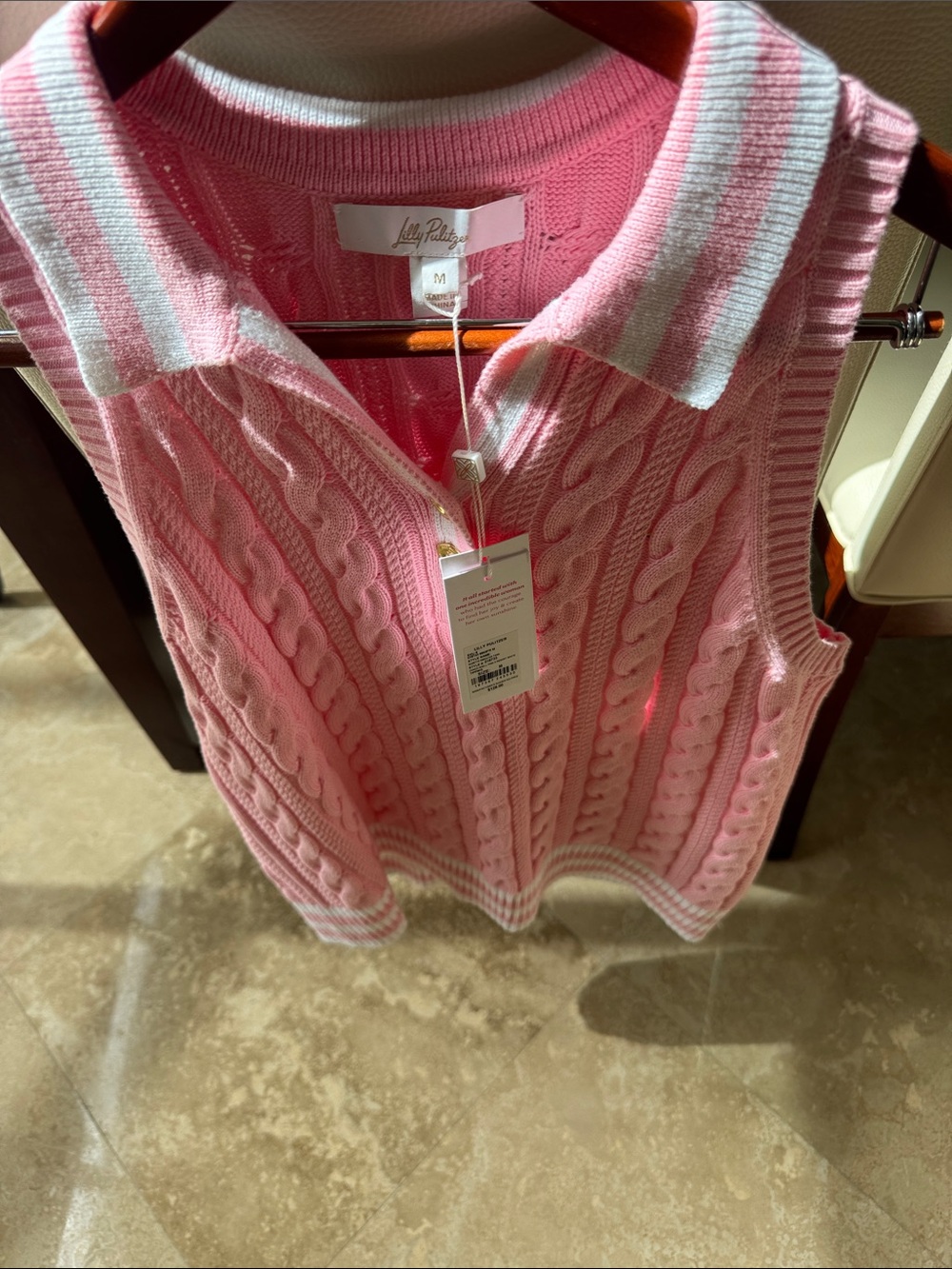 Lilly Pulitzer Pink Cable Knit Sleeveless Polo Vest with White Trim - Picture 3 of 6